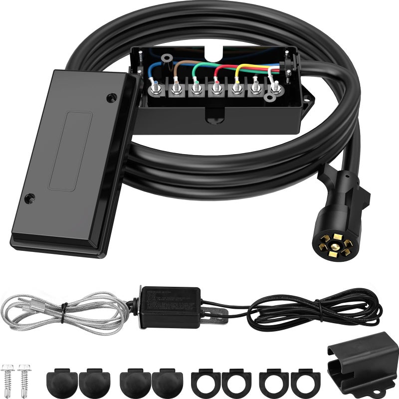 RVGUARD 7 Way 8 Foot Trailer Cord with 7 Gang Junction Box Kit, Include 12V Breakaway Switch and Plug Holder, Trailer Connector Cable Wiring Harness with Waterproof Junction Box - Image 1